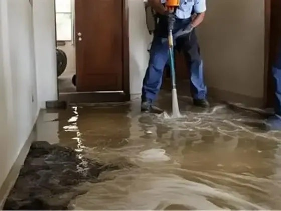 Technicians extracting floodwater from a hallway during a water damage cleanup