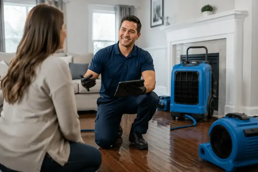 Restoration technician reviewing drying equipment with a homeowner in Monroe, NC