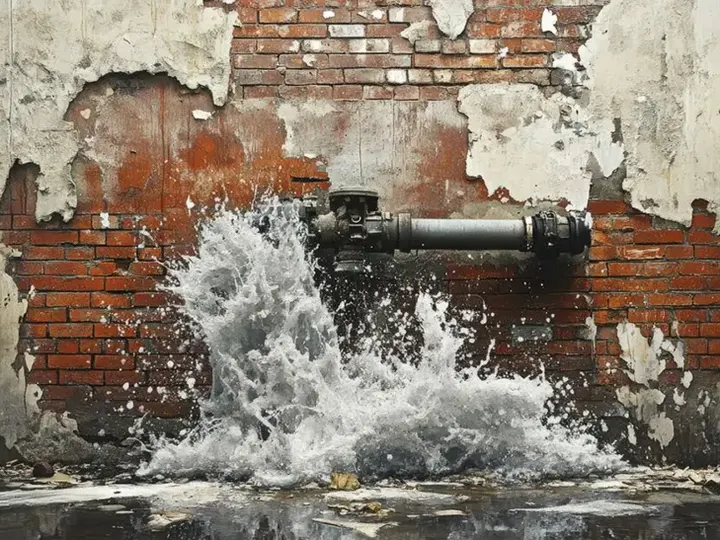 Water bursting from a failed pipe through a brick wall