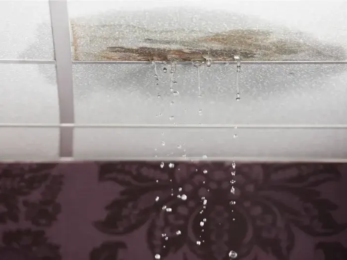Water dripping from a stained ceiling during a ceiling leak