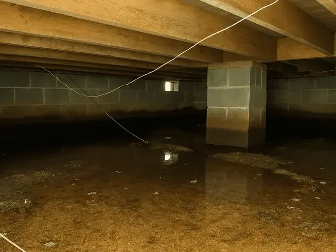 Standing water pooled across a block-pier crawl space under a Monroe, NC home
