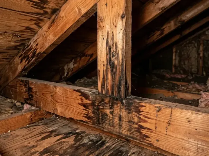 Water-stained rafters and roof decking in an attic after a roof leak