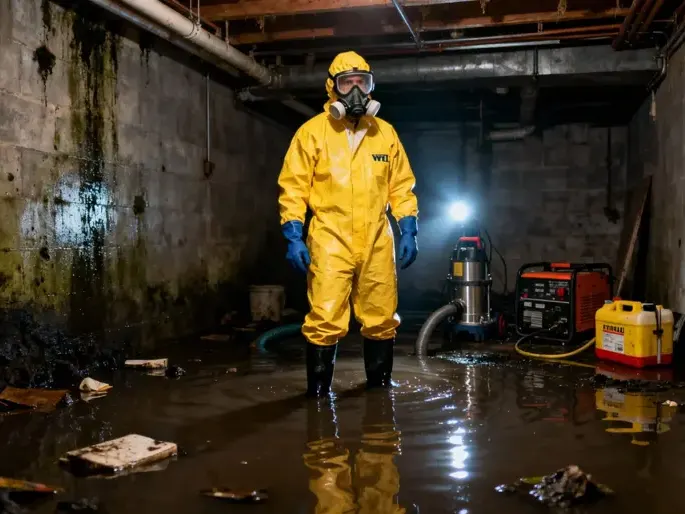 Worker in protective suit and respirator in a flooded lower level after a sewage backup